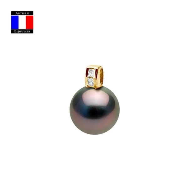 Compagnie Générale des Perles - Diamanthänge 0,04 Cts äkta rund Tahitisk pärla 10-11 mm 18 Cts Gult guld - Damsmycken