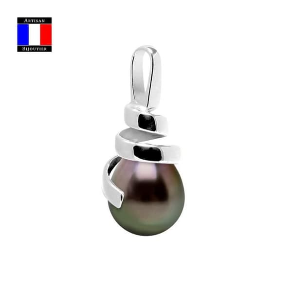 Compagnie Générale des Perles - SPIRAL Hänge - Äkta Tahitisk pärl päron 9-10 mm - 18 Cts Vitguld - Damsmycken