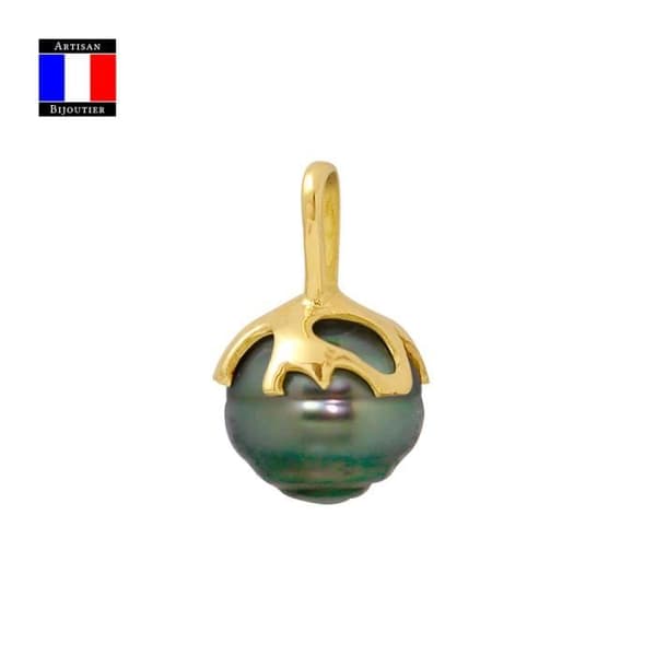 Compagnie Générale des Perles - Hänge - Äkta Tahitisk pärla cirklad 9-10 mm - 18 Cts Gult Guld - Damsmycken