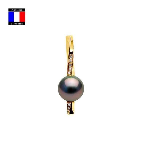 Compagnie Générale des Perles - Diamanthänge 0,08 Cts äkta rund Tahitisk pärla 9-10 mm 18 Cts Gult guld - Damsmycken