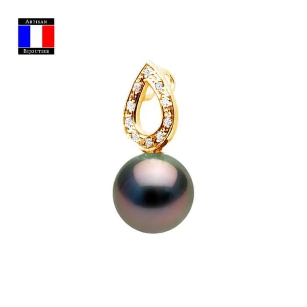 Compagnie Générale des Perles - Diamanthänge 0,10 Cts äkta rund Tahitisk pärla 10-11 mm 18 Cts Gult guld - Damsmycken