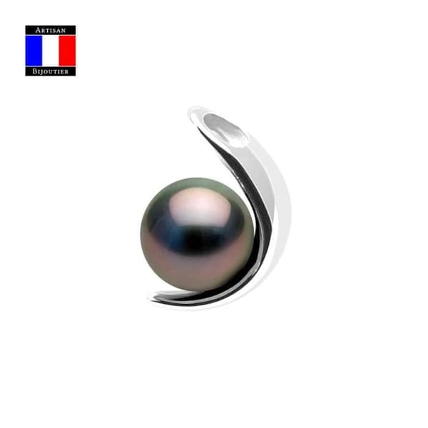 Compagnie Générale des Perles - Halvmåne hänge Äkta Tahitisk pärla Rund 9-10 mm 18 Cts Vitguld - Damsmycken