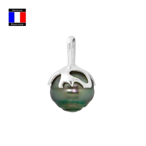 Compagnie Générale des Perles - Hänge - Äkta Tahitisk pärla cirklad 9-10 mm - 18 Cts Vitguld - Damsmycken