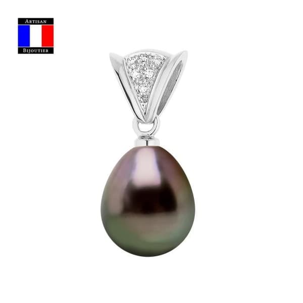 Compagnie Générale des Perles - Diamanthänge 0,10 Cts Äkta Tahiti-päron 9-10 mm 18 Cts Vitguld - Damsmycken