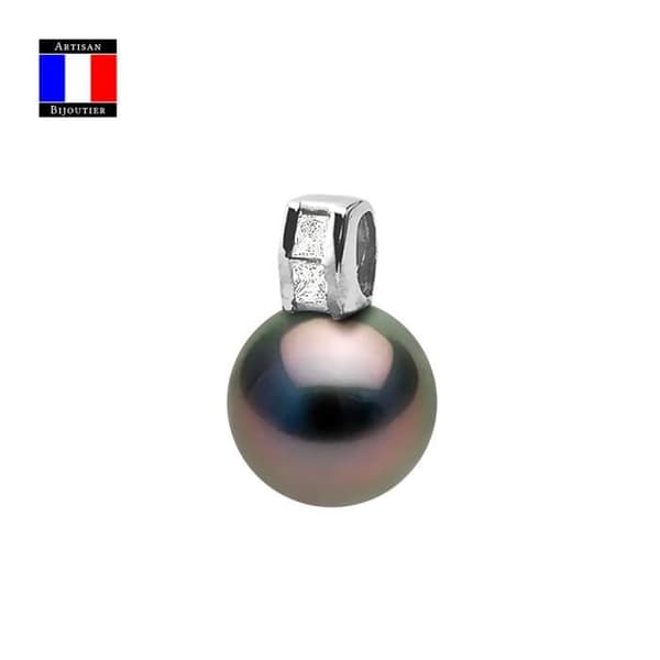 Compagnie Générale des Perles - Diamanthänge 0,18 Cts äkta rund Tahitisk pärla 12-13 mm 18 Cts Vitguld - Damsmycken
