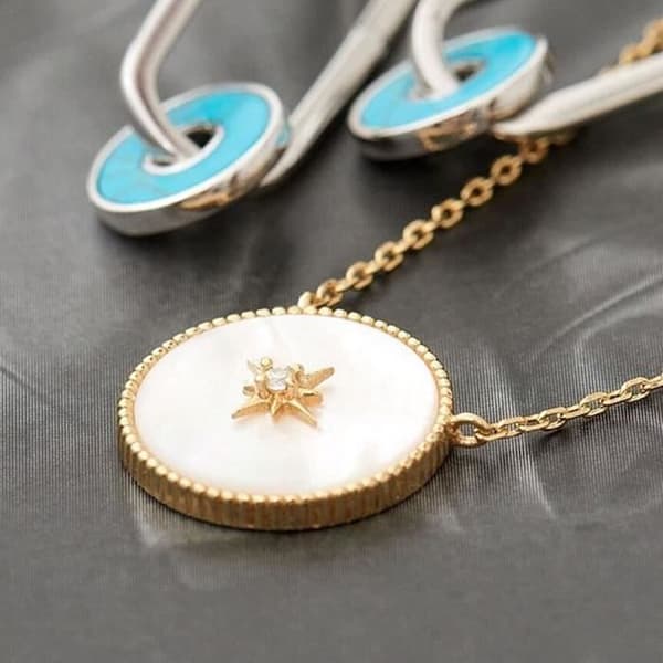 ANIA law HAIE halsband 925m silverpläterad 14k samling guldskivor En liten gömd pärla zirkoner stjärna pärlemor