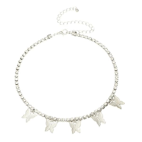 Glittrande Silver Choker / Halsband med Strass & 5 Fjärilar i Fint Mönster