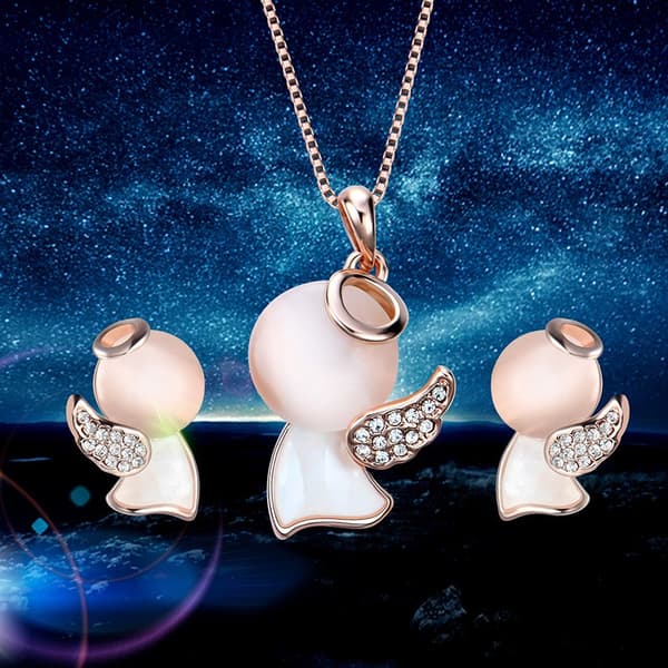 Rosé Guld Smyckesset - Halsband & Örhängen - Ängel & Strass