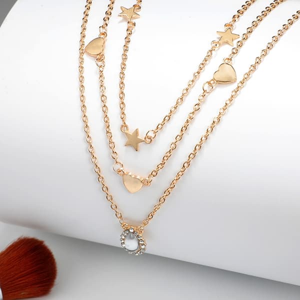 Halsband Guld Färg 3 kedjor med Hjärtan, Stjärnor & Rhinestones