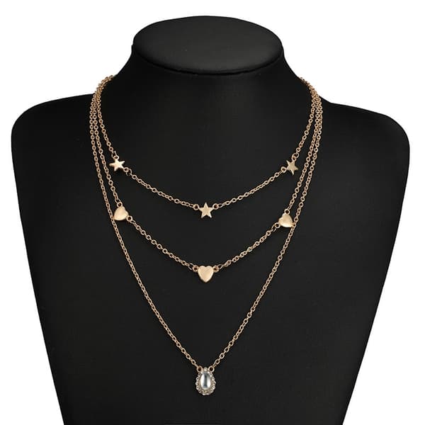 Halsband Guld Färg 3 kedjor med Hjärtan, Stjärnor & Rhinestones