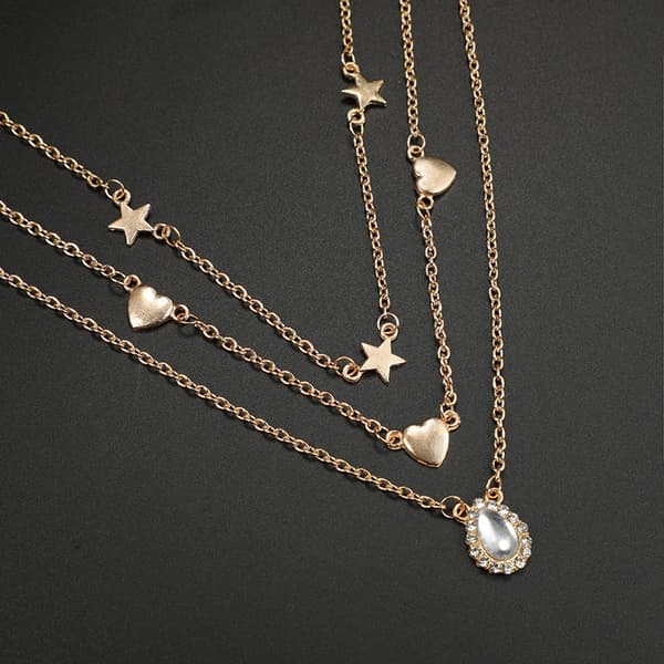 Halsband Guld Färg 3 kedjor med Hjärtan, Stjärnor & Rhinestones