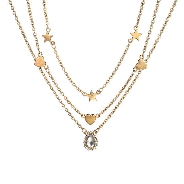 Halsband Guld Färg 3 kedjor med Hjärtan, Stjärnor & Rhinestones