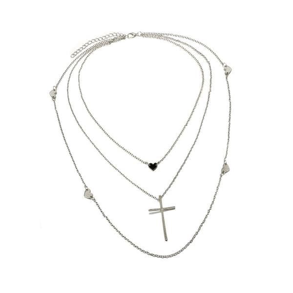 Halsband i Silver Färg - 3 Kedjor med Svart Hjärta samt Hjärtan och Kors i Fina Mönster