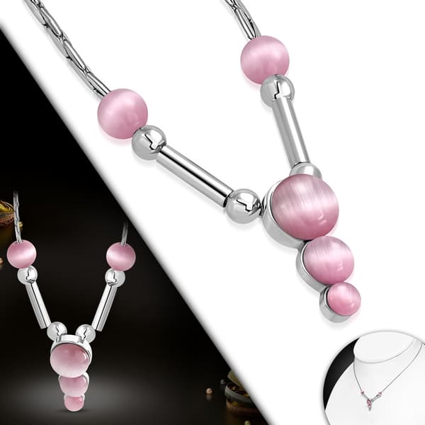 Halsband i Silver Färg med Cirklar/stavar & Rosa kattögonstenar
