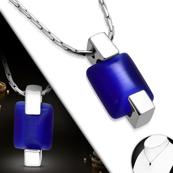 Halsband i Silver Färg - hänge med fyrkant och Blå kattögonsten