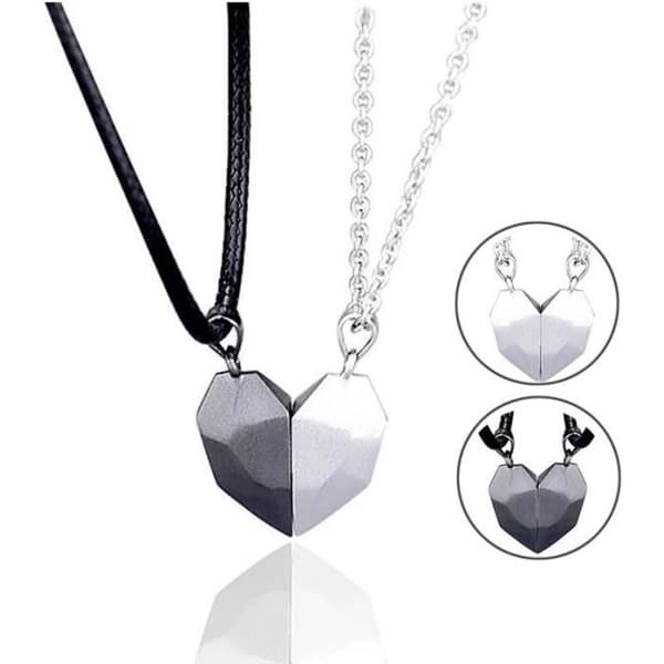 Silver magnetiskt parhalsband - QUEN3883 - Hjärtformat hängsmycke - Avstånd - Facetterad berlock