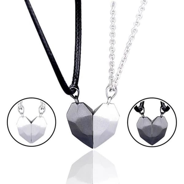 Magnetisk hjärtform parhalsband Alla hjärtans dag present Mode distans par halsband hänge svart silver -BH3668