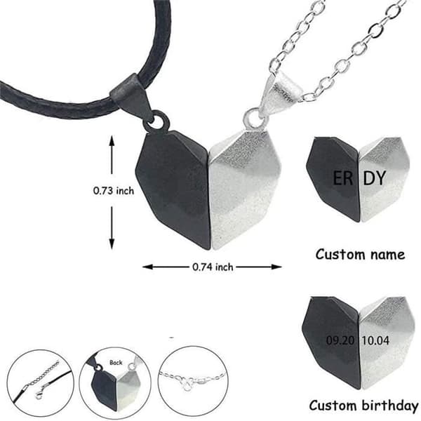 Wishing Stone Couples Halsband, Svart Vit Minimalist Two Souls One Heart Couple Halsband, Split Heart Puzzle Love Pendant