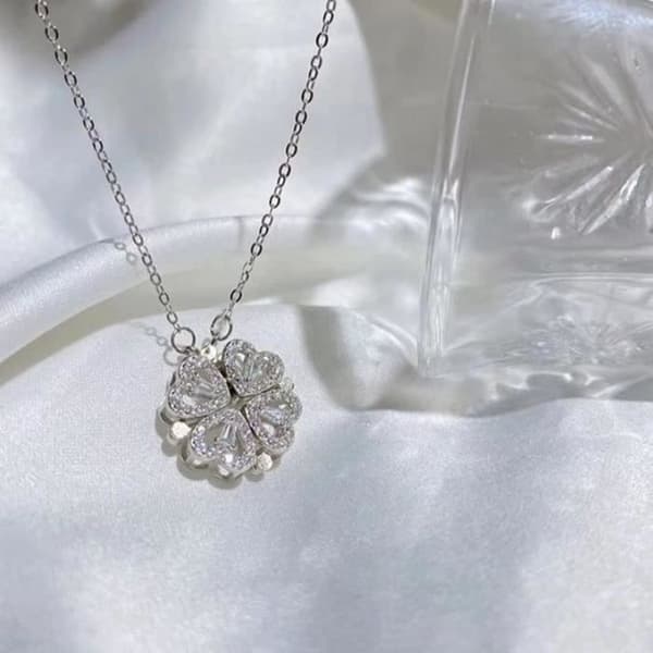 Collier - Kärlekens hjärta - Fyrklöver - Fällbar hängsmycke - Kubisk zirkon - Justerbar 40+6 cm