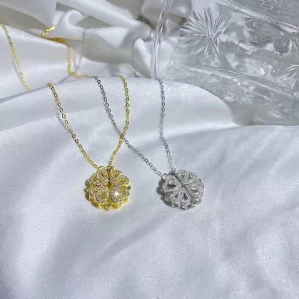 Collier - Kärlekens hjärta - Fyrklöver - Fällbar hängsmycke - Kubisk zirkon - Justerbar 40+6 cm