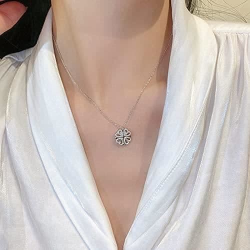 Full Diamond Heart to Heart Fyrklöver Halsband Dammode Kärlek Vikbart magnetiskt halsband