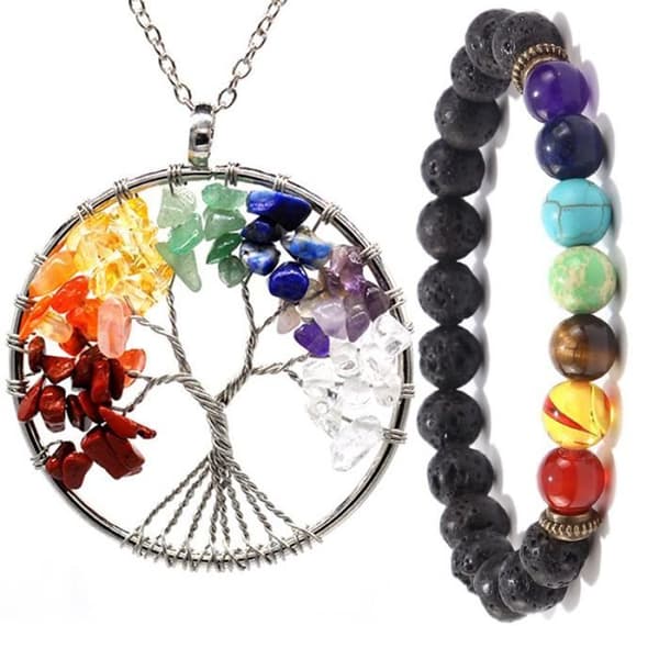 kostym - Tree of life hänge halsband, 7 Chakra, natursten-regnbåge, för kvinnor och män, lång