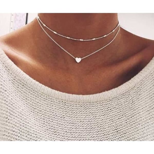 Dubbel kedja halsband - MAVURA - Hjärtpärla - Silver - Justerbar - Set med 2
