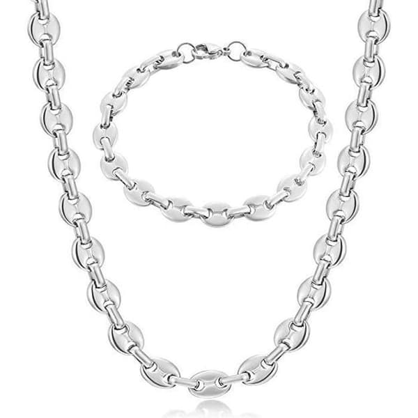 YOLISTAR mäns kaffebönor nätkedja halsband och armband i rostfritt stål, 11 mm silver