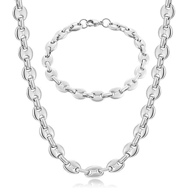 YOLISTAR mäns kaffebönor nätkedja halsband och armband i rostfritt stål, 9 mm silver