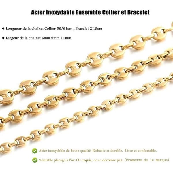 Kedja Maille Grain de Café Man Halsband och Armband i Rostfritt Stål, 6mm-Guld