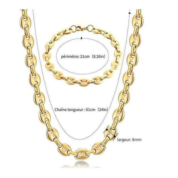 Kedja Maille Grain de Café Man Halsband och Armband i Rostfritt Stål, 6mm-Guld