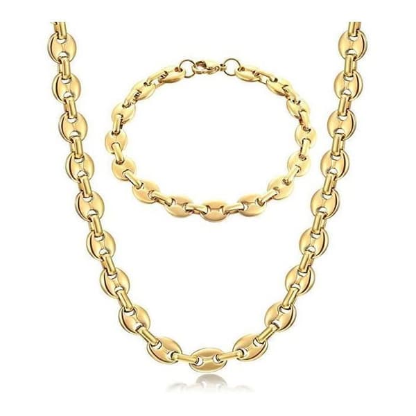 Kedja Maille Grain de Café Man Halsband och Armband i Rostfritt Stål, 6mm-Guld