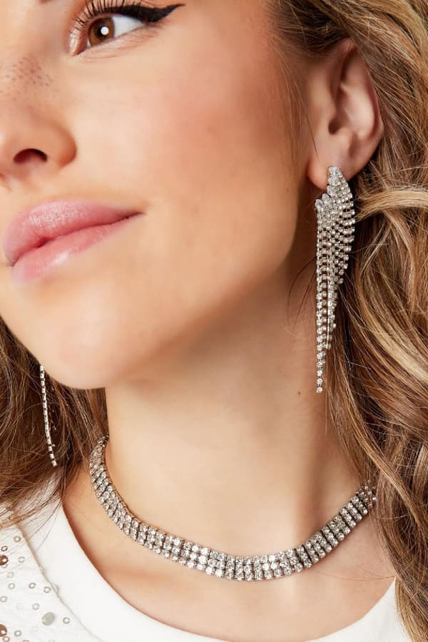 3-radigt Strass Guld Halsband med Vita Rhinestones -Guldpläterat