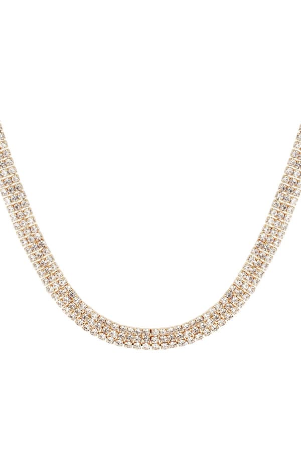3-radigt Strass Guld Halsband med Vita Rhinestones -Guldpläterat