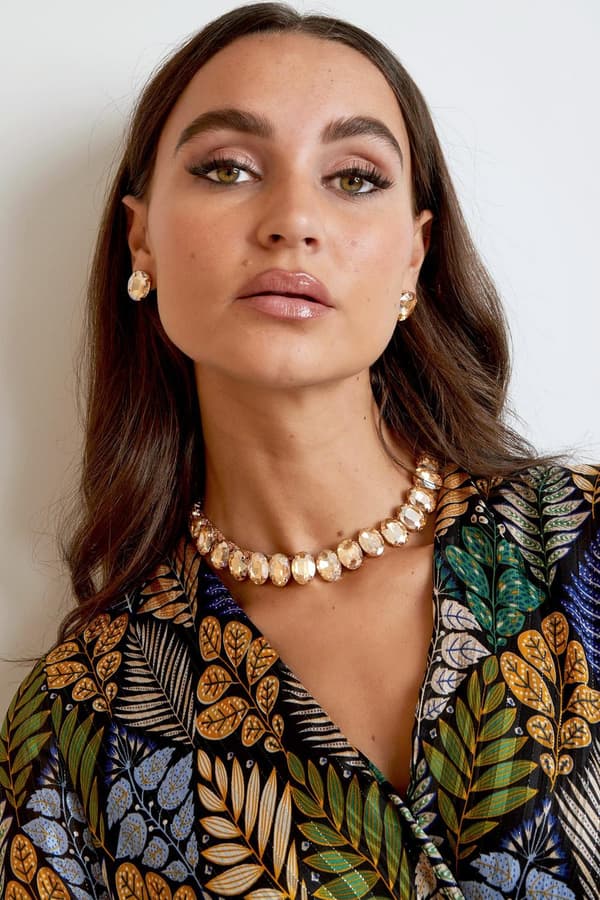 Statement Guldpläterat Halsband med Ovala Glaspärlor - Champagne