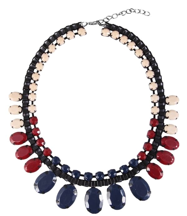 Boho Statement Svart Kedja/Halsband - Blå, Vit & Vinröda Pärlor