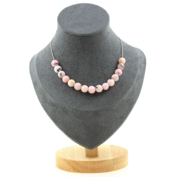 Stenar och mineraler. Halsband med 15 rosa opalpärlor 8 mm. Rostfri kedja Halsband för kvinnor, män. Anpassningsbar storlek.