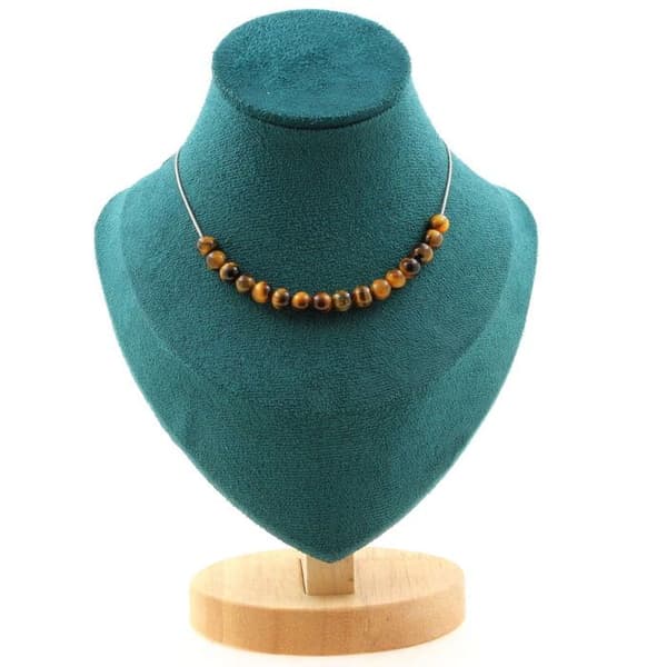 Stenar och mineraler. Halsband med 15 Tiger Eye pärlor 6 mm. Rostfri kedja Halsband för kvinnor, män. Anpassningsbar storlek