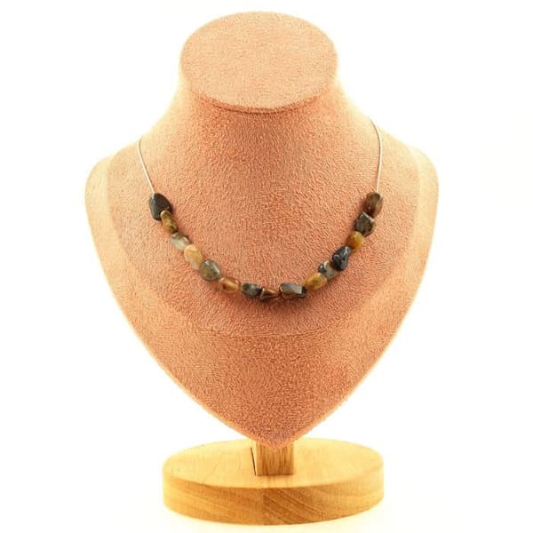 Halsband - Ett Smycke - Pietersit - 15 pärlor - Rostfritt stål - Längd 45 cm