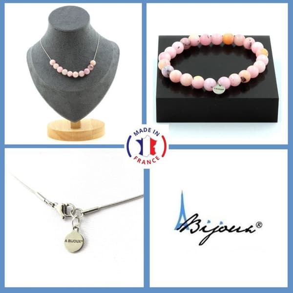 Stenar och mineraler. Armband Halsband Set 10 rosa Opalpärlor 8 mm. Stålkedja Anpassningsbar storlek.
