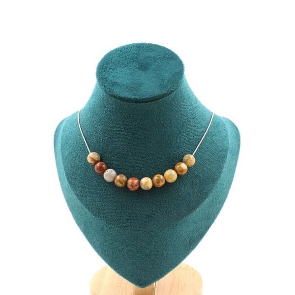 Collier - ABIJOUX - Agat crazy lace - 10 pärlor - 8 mm - Rostfritt stål - 45 cm