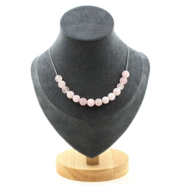 Stenar och mineraler. Halsband 15 pärlor Rose Quartz 8 mm Rostfri kedja Halsband för kvinnor, män. Anpassningsbar storlek.