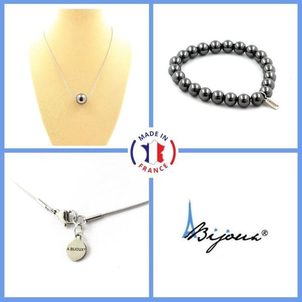 Stenar och mineraler. Armbandsset Halsband 1 Hematitpärla 8 mm Stålkedja Anpassningsbar storlek.