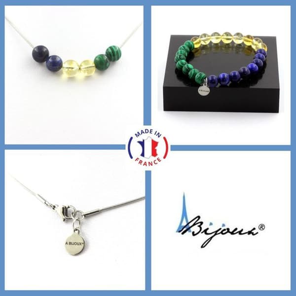 Stenar och mineraler. Citrin + Lapis Lazuli + Malakit Beaded Armband Halsband Set 8 Anpassningsbar storlek.