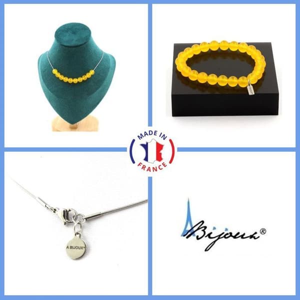Stenar och mineraler. Armband Halsband Set 10 gula agatpärlor 8 mm. Stålkedja Anpassningsbar storlek.