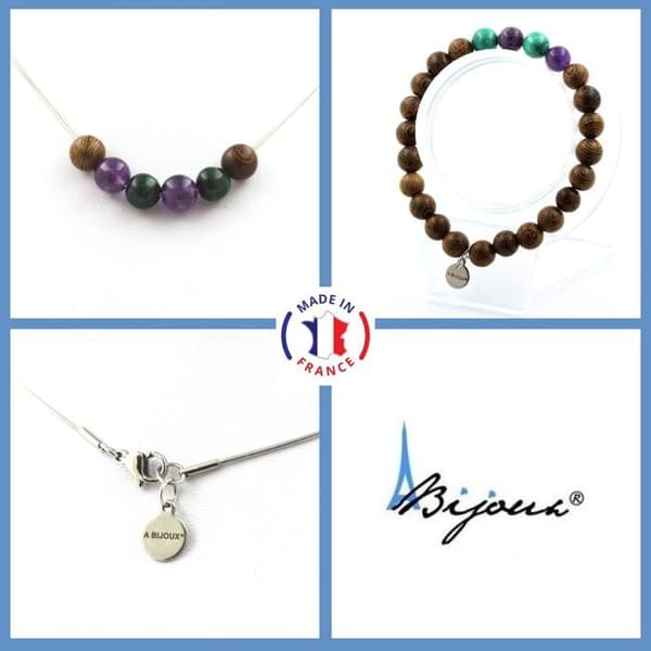 Stenar och mineraler. Congo Malachite Beads Armband Halsband Set + Ametist + trä 8 Anpassningsbar storlek.