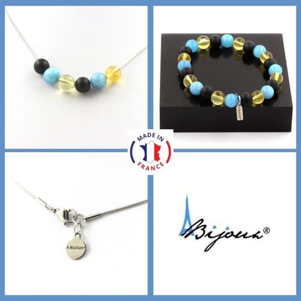 Stenar och mineraler. Citrin Beads Armband Halsband Set + Blå Kalcedon + Svart Onyx Anpassningsbar storlek.