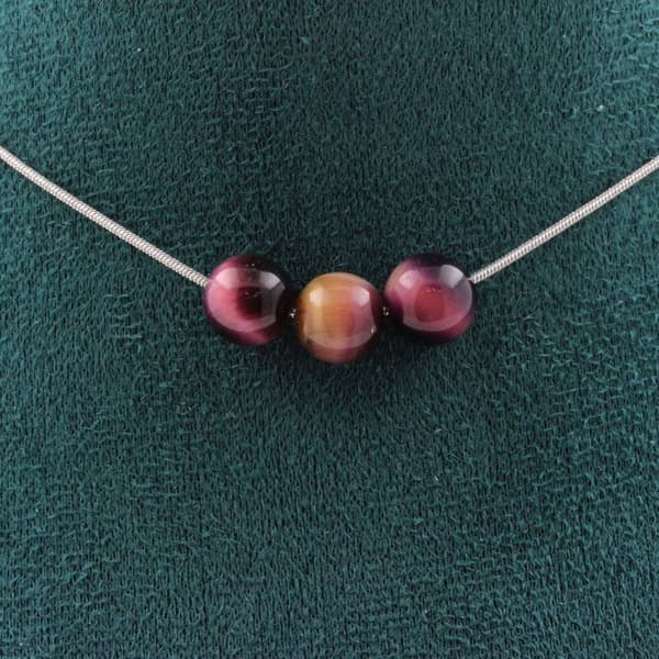 Halsband - ABIJOUX - Bicolor lila tigeröga - 3 pärlor - Rostfritt stål - 45 cm