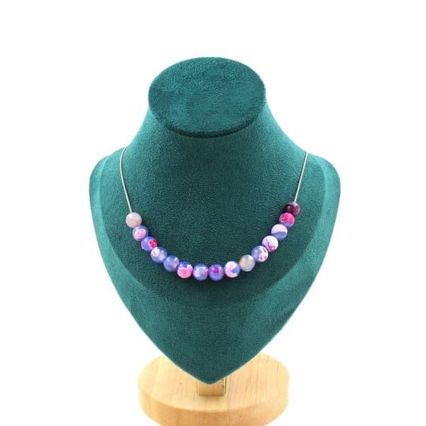 Halsband - ABIJOUX - Agat dragådror - Fuchsia och blå - 8 mm - Kedja i rostfritt stål