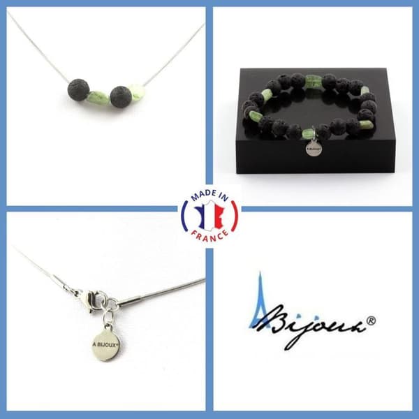 Parure - Ett smycke - Grön apatite Madagaskar - Lava pärlor 8 mm - Rostfritt stål - Anpassningsbar storlek